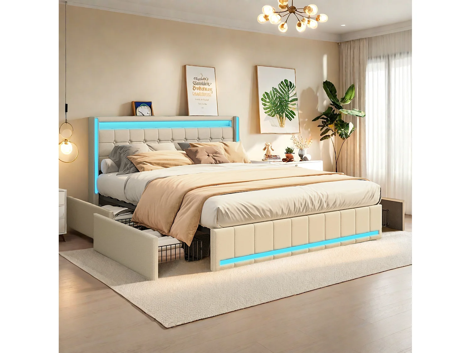 Cama doble de 140 x 190 cm con iluminación LED y carga USB, cama doble con 4 cajones, fácil de montar, lino, sin colchón, beige