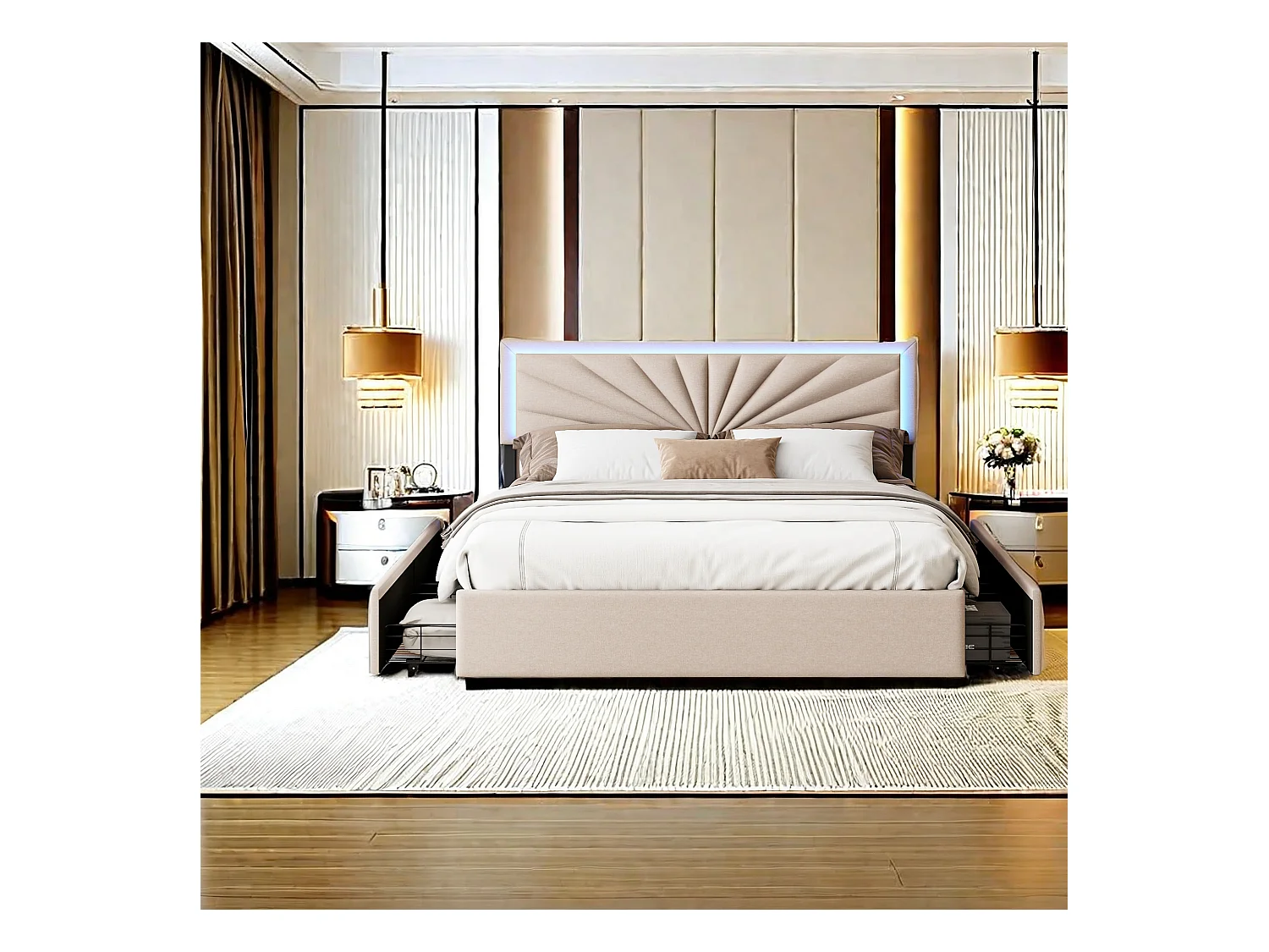 Letto matrimoniale 160x200 cm in lino con LED, robusta rete a doghe, 4 cassetti integrati, design moderno e pratico per 2 persone (senza materasso)