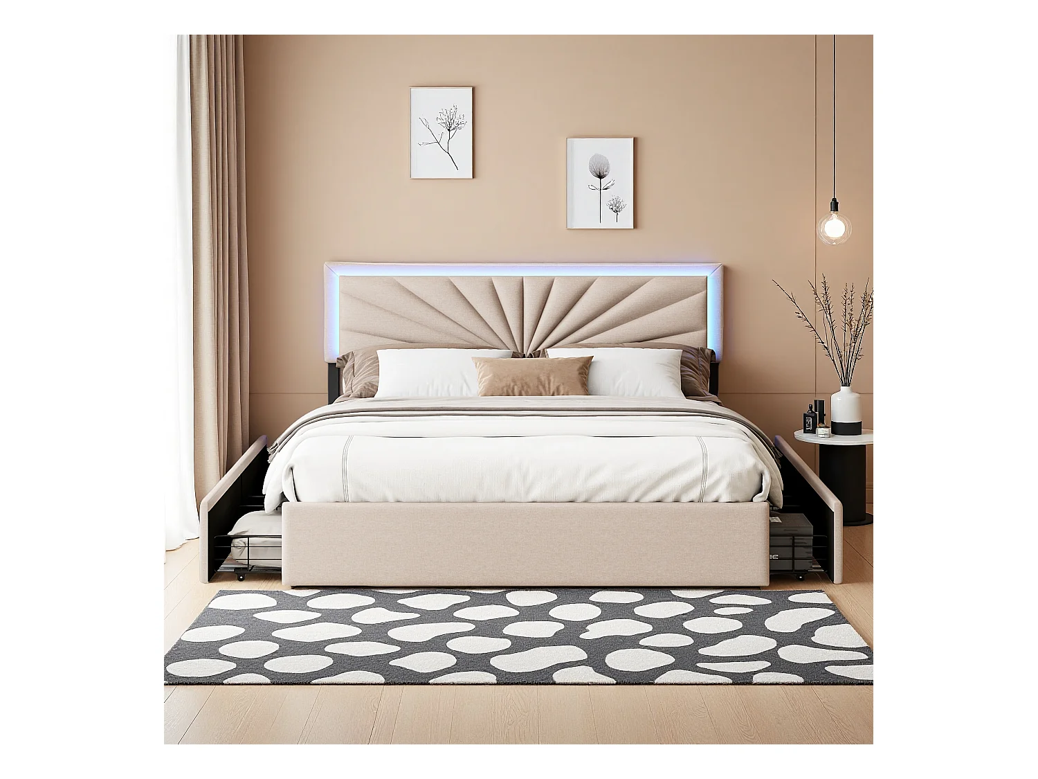 Lit double 160x200 cm en lin avec LED, sommier à lattes robuste, 4 tiroirs intégrés, design moderne et pratique pour 2 personnes (sans matelas)