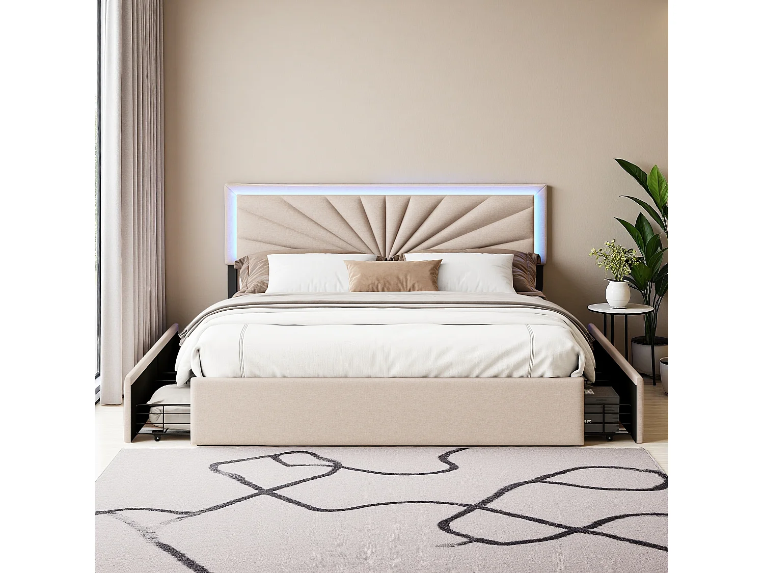Lit double 160x200 cm en lin avec LED, sommier à lattes robuste, 4 tiroirs intégrés, design moderne et pratique pour 2 personnes (sans matelas)
