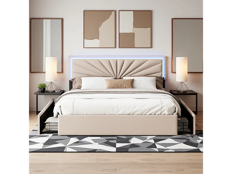 Tweepersoonsbed 160x200 cm in linnen met LED, stevige lattenbodem, 4 geïntegreerde lades, modern en praktisch design voor 2 personen (zonder matras)