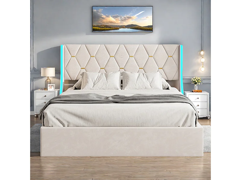 Letto contenitore beige 140x200 cm, letto matrimoniale con contenitore, letti contenitore per adulti, con testiera in tessuto di velluto a LED