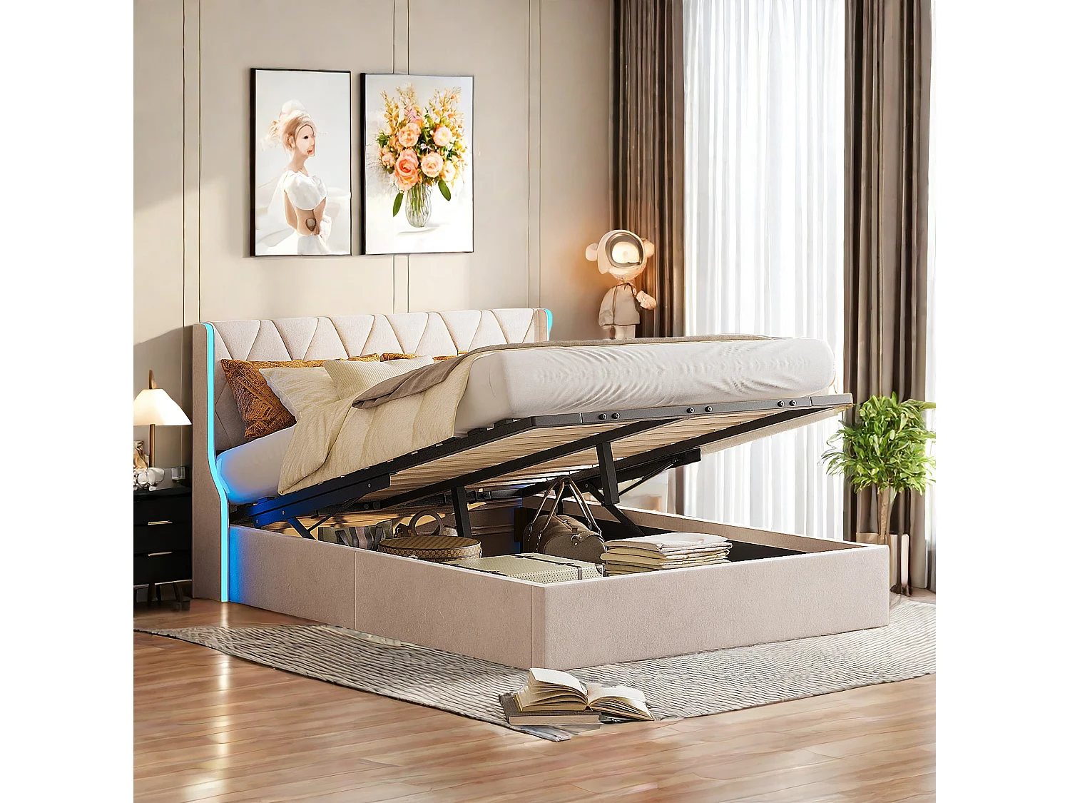 Lit Coffre beige 140x200 cm, Lit Double avec Rangement, Lits pour Adulte Coffre,avec LED Tete de lit Tissu Velours