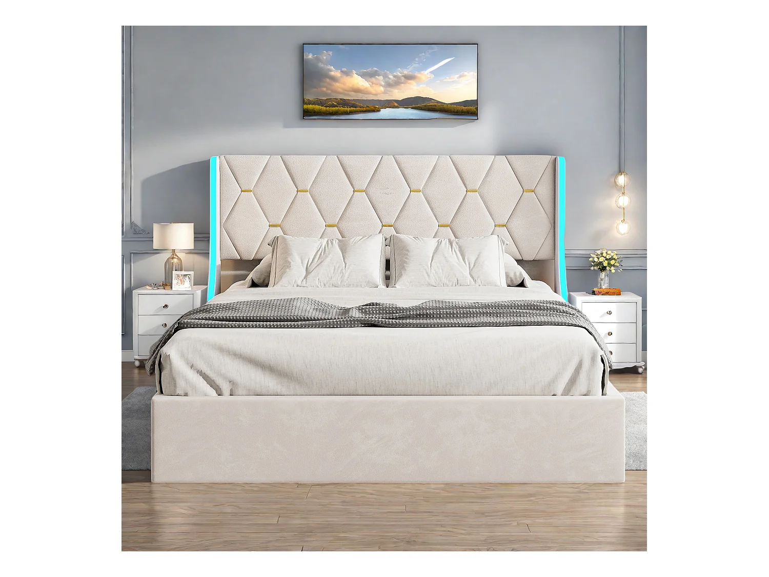 Lit Coffre beige 140x190 cm, Lit Double avec Rangement, Lits pour Adulte Coffre,avec LED Tete de lit Tissu Velours
