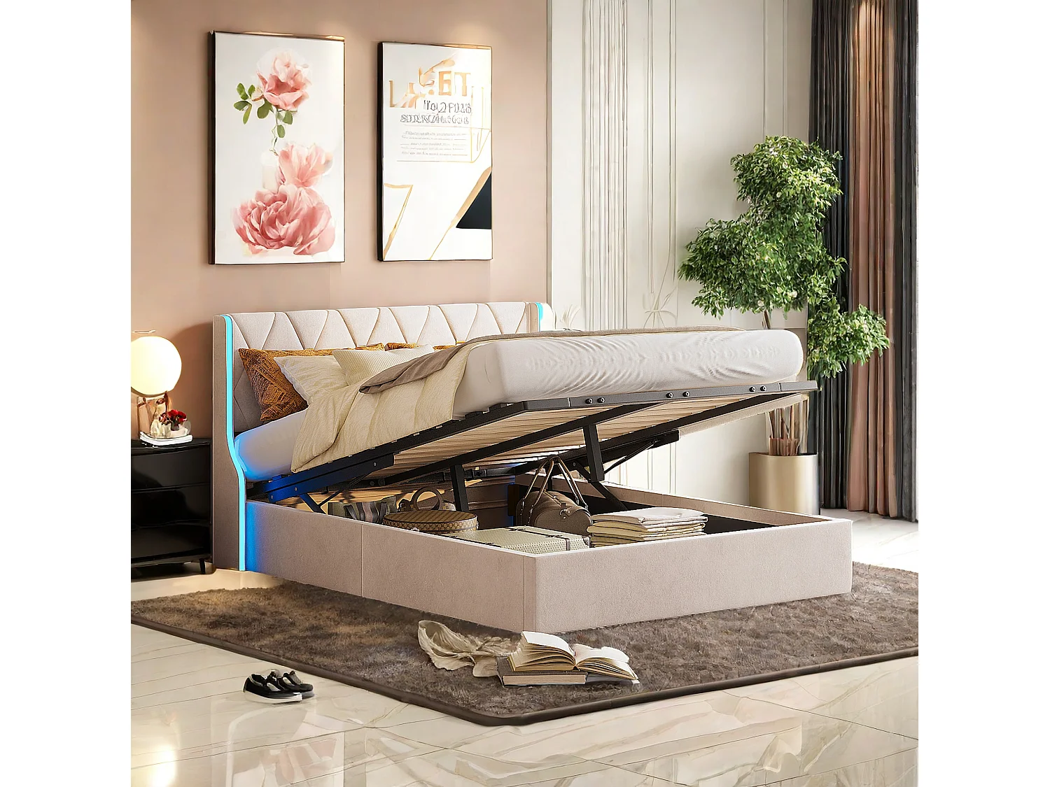 Lit Coffre beige 140x190 cm, Lit Double avec Rangement, Lits pour Adulte Coffre,avec LED Tete de lit Tissu Velours