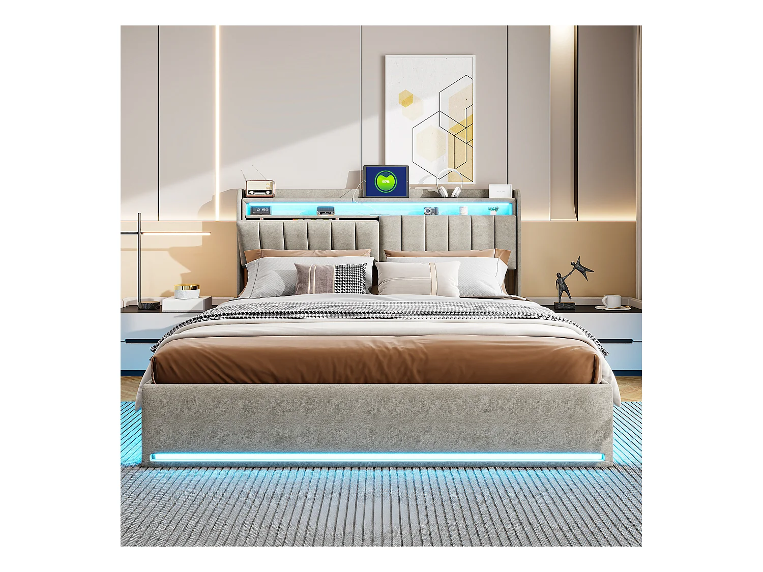 Opbergbed 160x200 cm in grijze fluwelen stof met gewatteerd hoofdeinde, geïntegreerde led-lampjes, praktische opbergruimte, USB-aansluiting