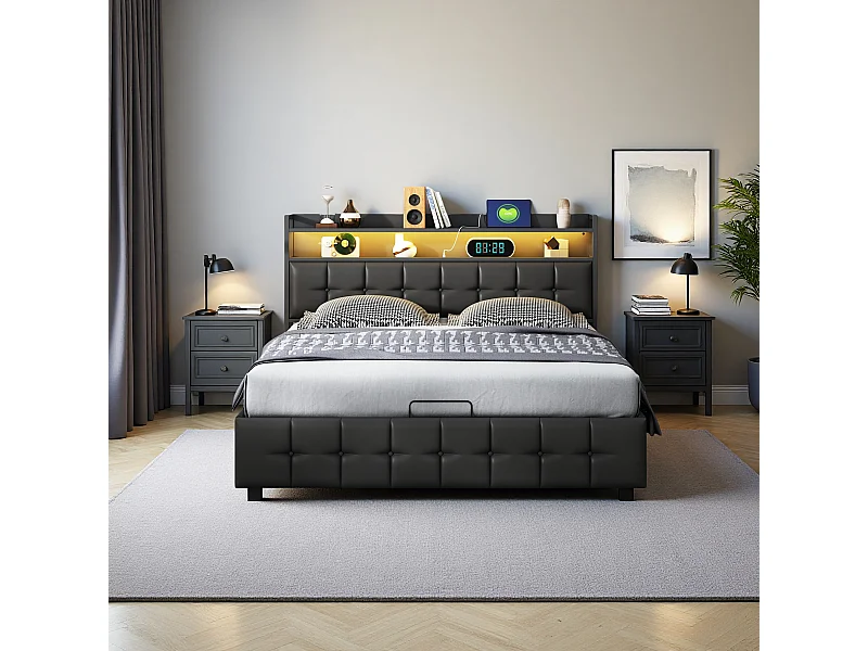 Lit Coffre 160x200 avec LED et Ports USB, Lit Deux Place avec Rangement Hydraulique et Tete de Lits Capitonné avec Étagères Ouvertes, PU,noir