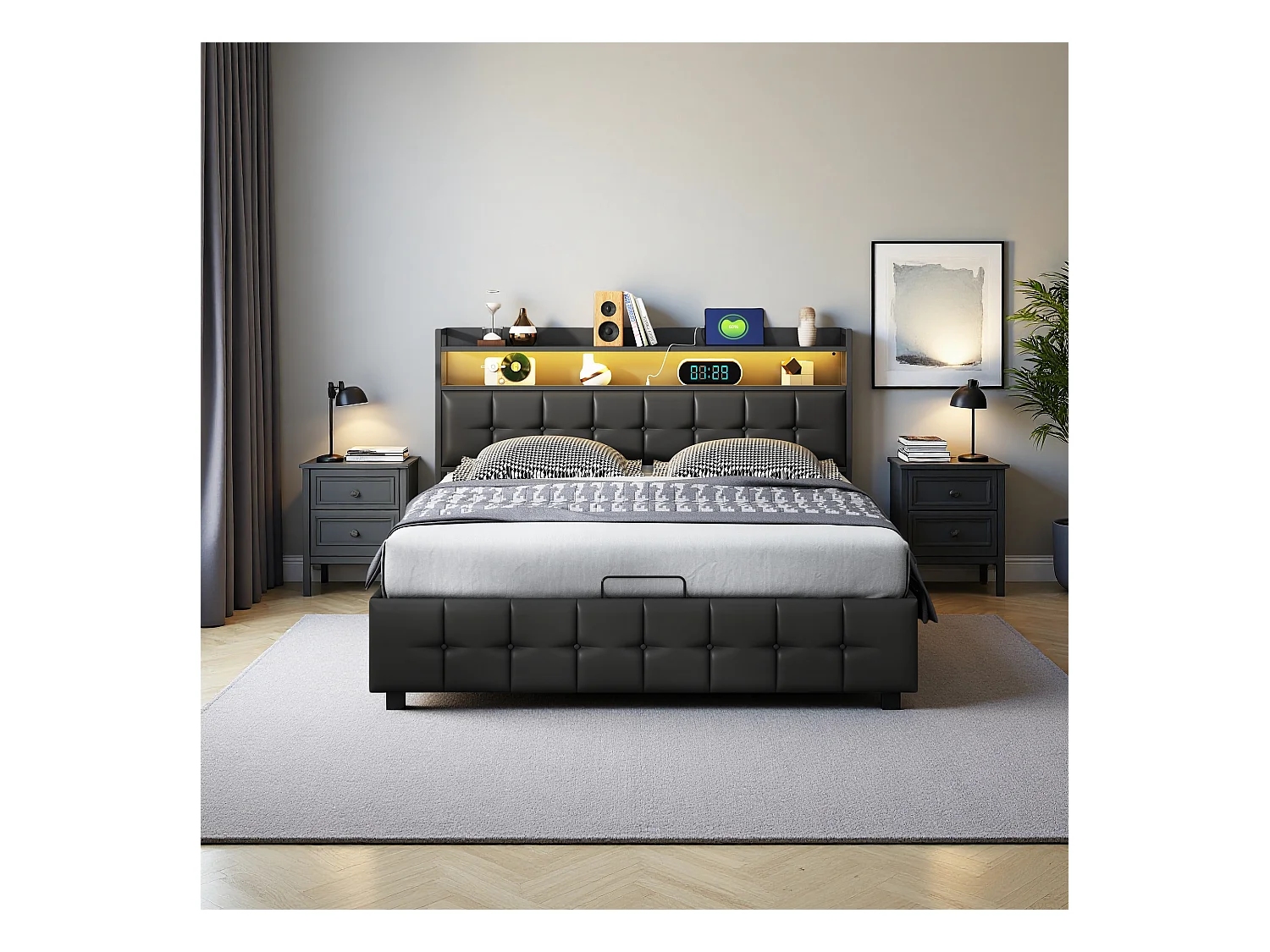 Cama Canapé 160x200 con LED y Puertos USB, Cama Matrimonial con Canapé Hidráulico y Cabecero Tapizado con Estantes Abiertos, PU, Negro