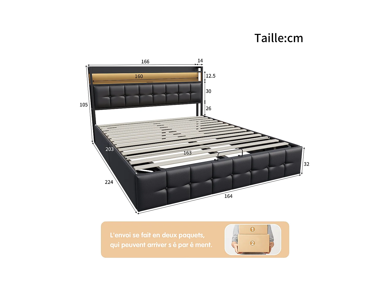 Cama Canapé 160x200 con LED y Puertos USB, Cama Matrimonial con Canapé Hidráulico y Cabecero Tapizado con Estantes Abiertos, PU, Negro