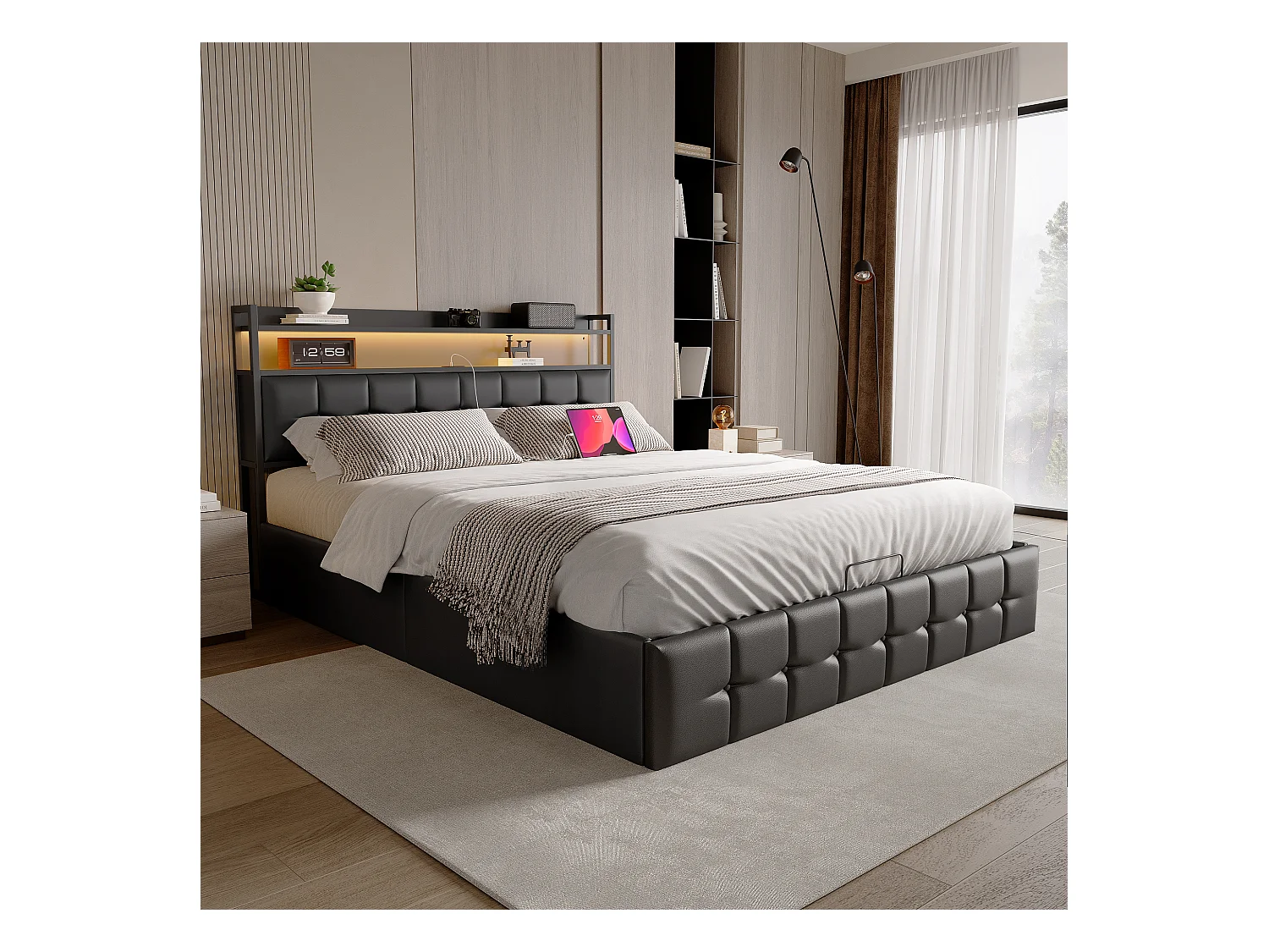 Cama Canapé 160x200 con LED y Puertos USB, Cama Matrimonial con Canapé Hidráulico y Cabecero Tapizado con Estantes Abiertos, PU, Negro