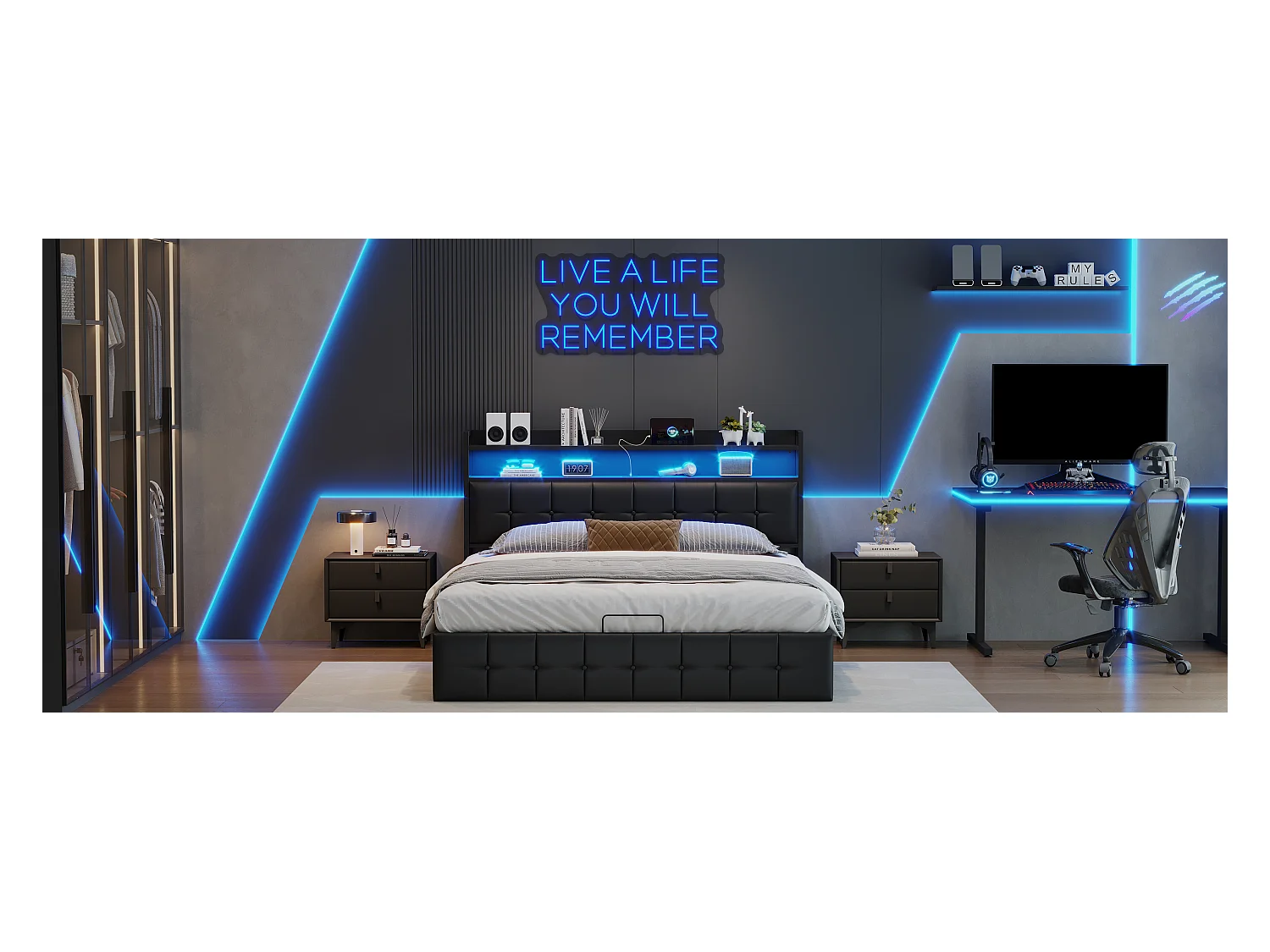 Letto contenitore 160x200 con LED e porte USB, letto matrimoniale con contenitore idraulico e testiera imbottita con ripiani aperti, PU, nero