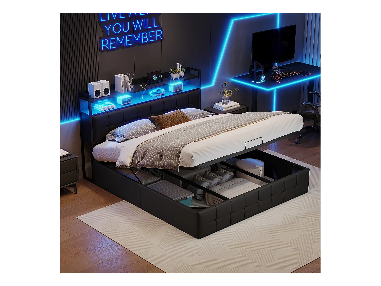 Letto contenitore 160x200 con LED e porte USB, letto matrimoniale con contenitore idraulico e testiera imbottita con ripiani aperti, PU, nero