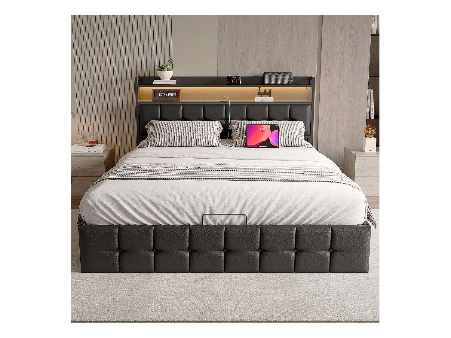 Letto contenitore 160x200 con LED e porte USB, letto matrimoniale con contenitore idraulico e testiera imbottita con ripiani aperti, PU, nero