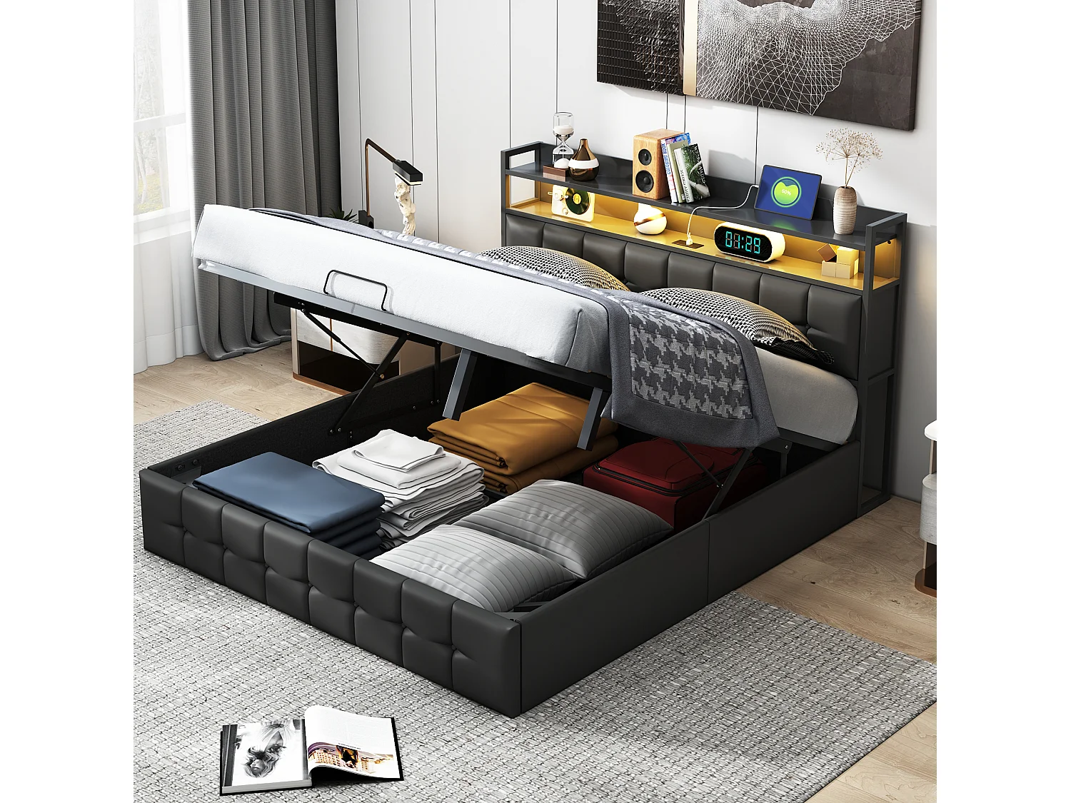 Letto contenitore 160x200 con LED e porte USB, letto matrimoniale con contenitore idraulico e testiera imbottita con ripiani aperti, PU, nero