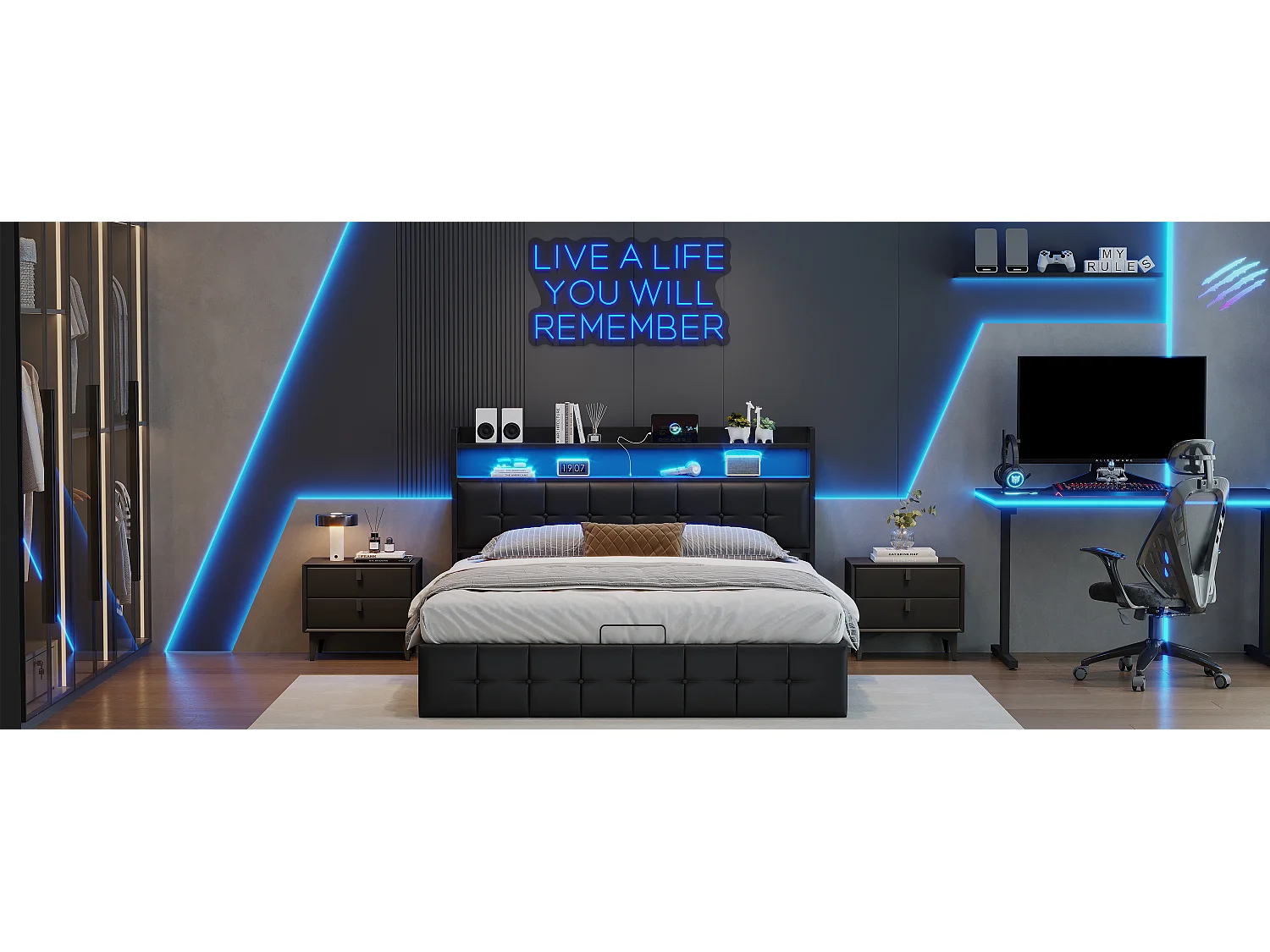 Lit Coffre 160x200 avec LED et Ports USB, Lit Deux Place avec Rangement Hydraulique et Tete de Lits Capitonné avec Étagères Ouvertes, PU，noir