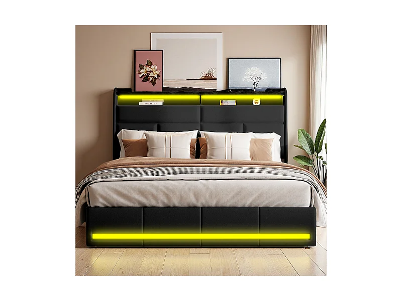 Lit tapissé noir 160x200 cm en PU, avec LED et ports USB, sommier à ouverture hydraulique, grand espace de rangement (sans matelas)