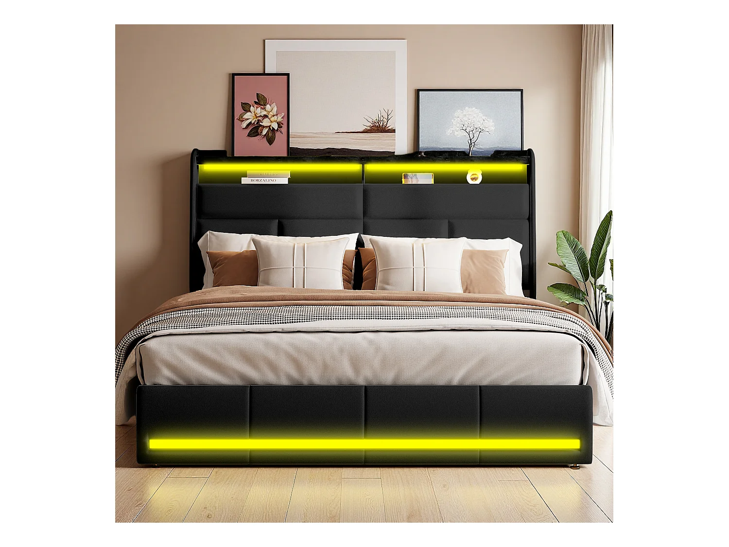Lit tapissé noir 160x200 cm en PU, avec LED et ports USB, sommier à ouverture hydraulique, grand espace de rangement (sans matelas)