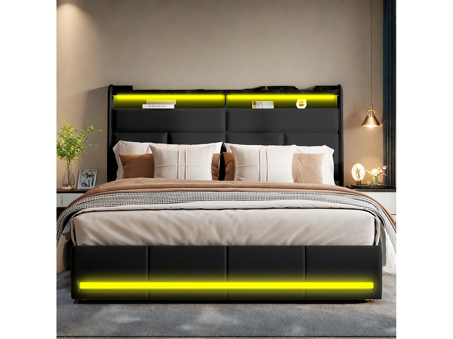 Lit tapissé noir 160x200 cm en PU, avec LED et ports USB, sommier à ouverture hydraulique, grand espace de rangement (sans matelas)