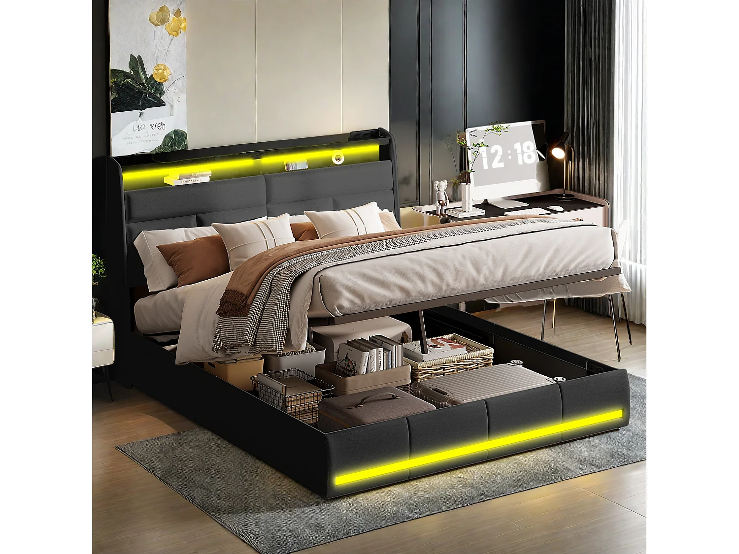 Lit tapissé noir 160x200 cm en PU, avec LED et ports USB, sommier à ouverture hydraulique, grand espace de rangement (sans matelas)