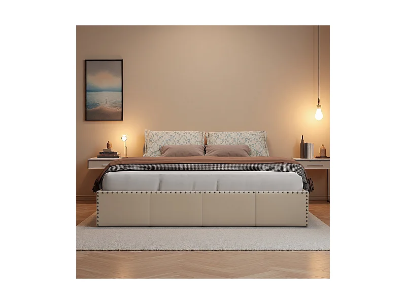 Letto contenitore in velluto beige 140x200 cm, testiera imbottita con LED, contenitore idraulico, struttura decorata con borchie metalliche