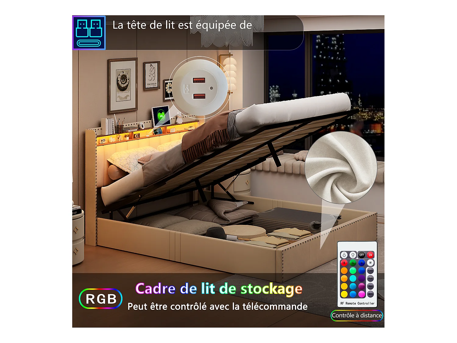 Cama box de veludo bege 140x200 cm, cabeceira estofada com LED, box hidráulico, estrutura decorada com tachas metálicas