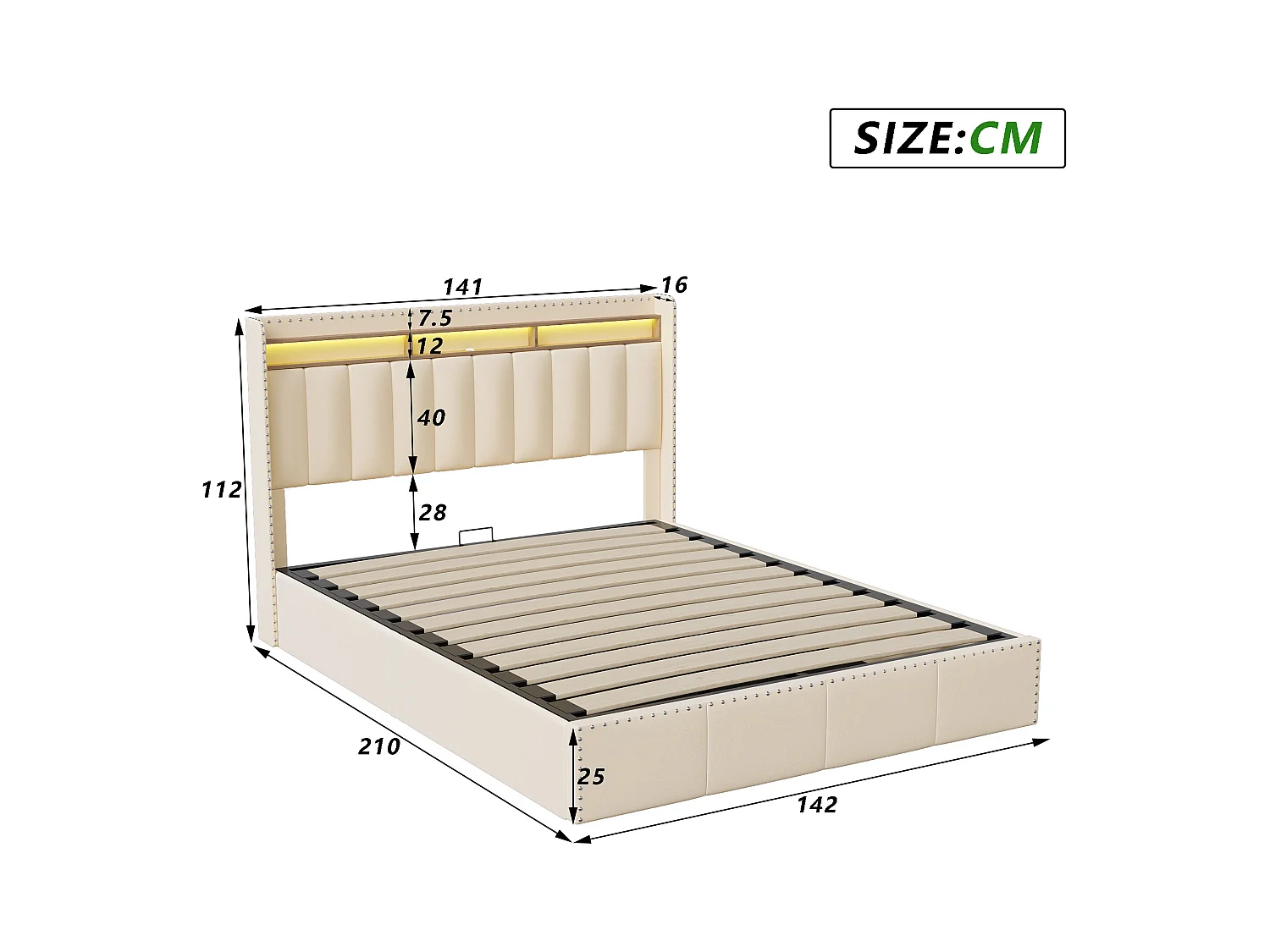 Cama box de veludo bege 140x200 cm, cabeceira estofada com LED, box hidráulico, estrutura decorada com tachas metálicas