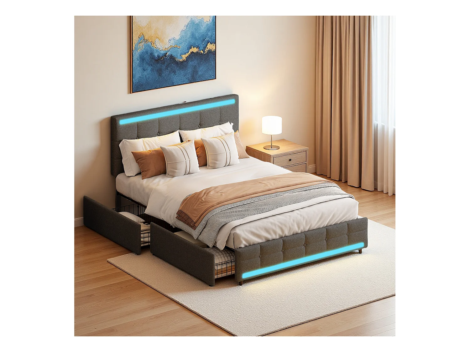Lit double rembourré 140x200 – Structure avec LES, 2 stations de charge USB, 4 tiroirs et sommier à lattes, tête de lit réglable, tissu de lin, gris