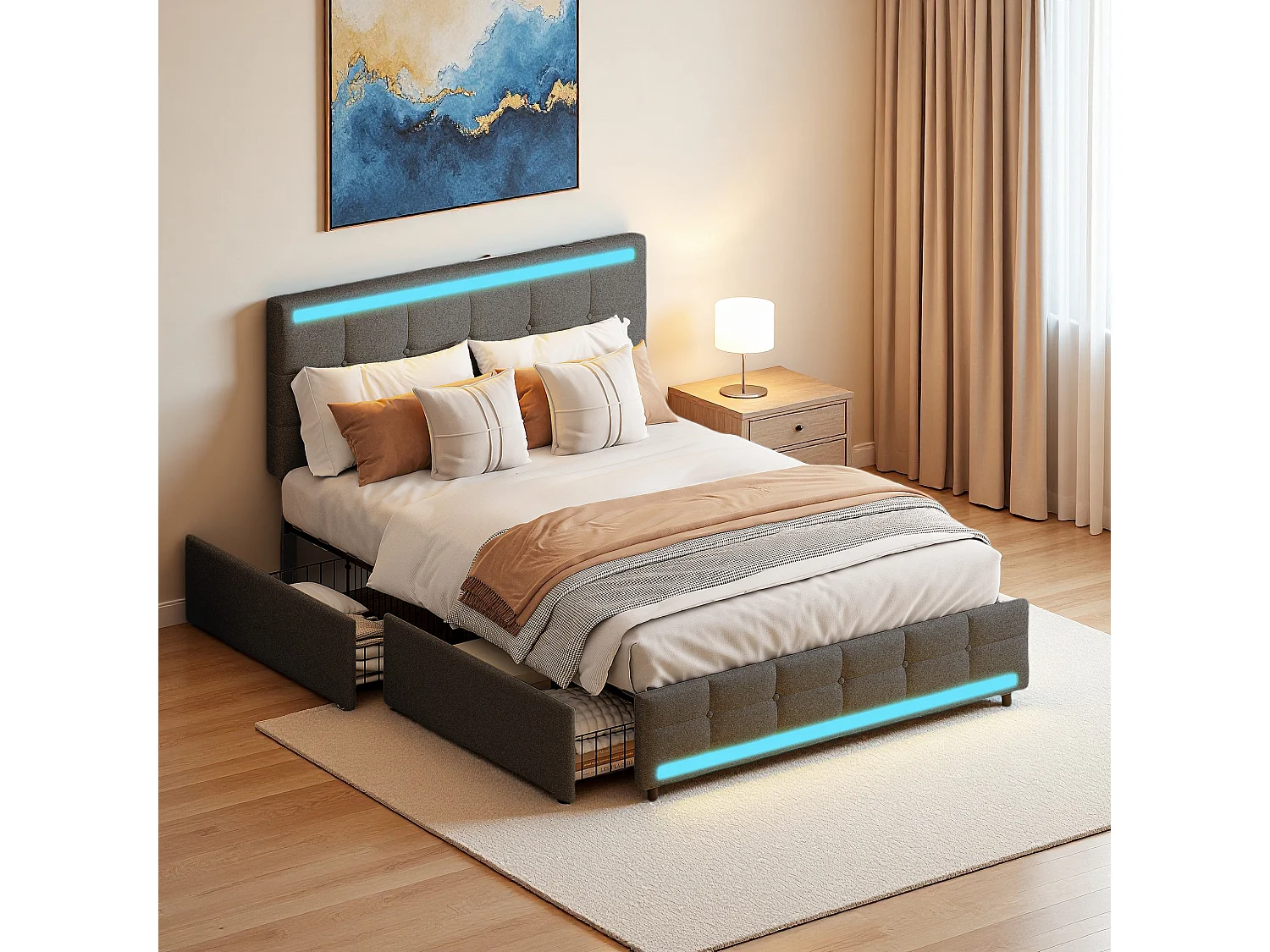 Lit double rembourré 140x200 – Structure avec LES, 2 stations de charge USB, 4 tiroirs et sommier à lattes, tête de lit réglable, tissu de lin, gris