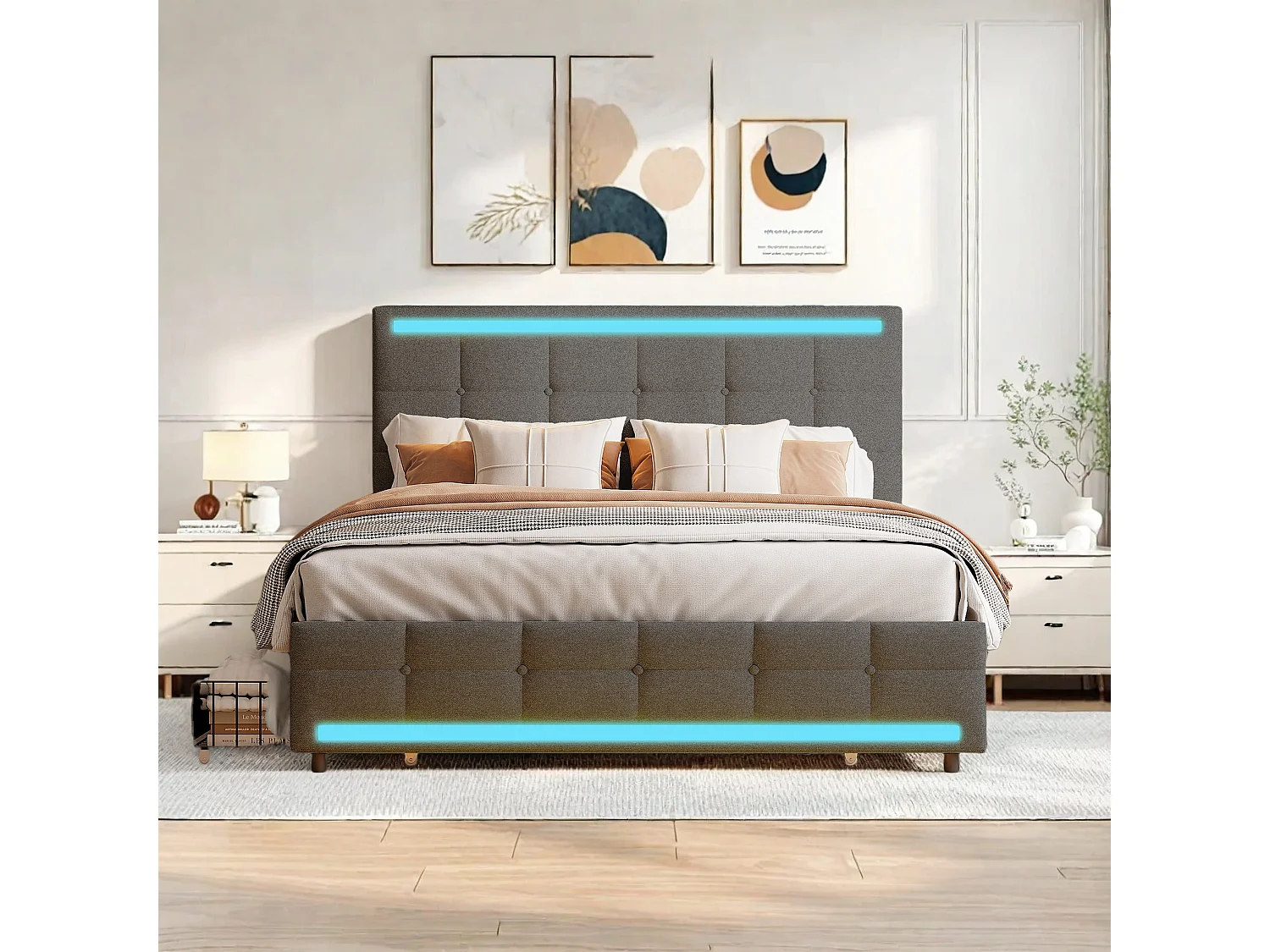 Lit double rembourré 140x200 – Structure avec LES, 2 stations de charge USB, 4 tiroirs et sommier à lattes, tête de lit réglable, tissu de lin, gris