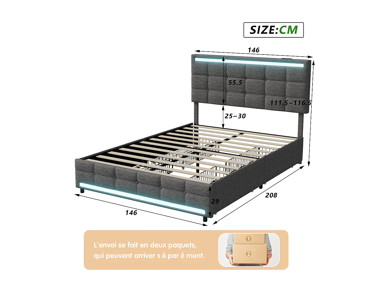 Lit double rembourré 140x200 – Structure avec LES, 2 stations de charge USB, 4 tiroirs et sommier à lattes, tête de lit réglable, tissu de lin, gris