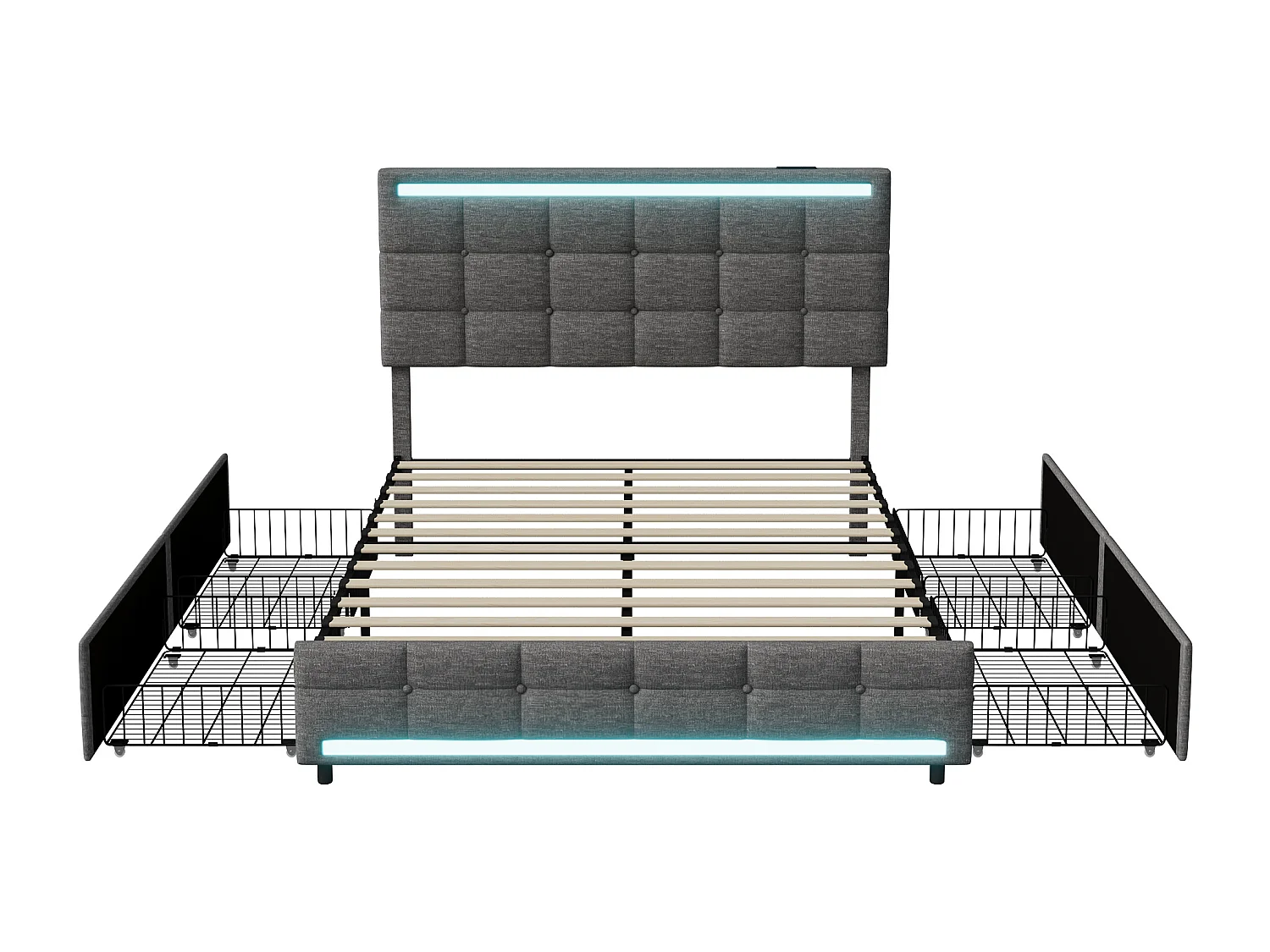 Lit double rembourré 140x200 – Structure avec LES, 2 stations de charge USB, 4 tiroirs et sommier à lattes, tête de lit réglable, tissu de lin, gris