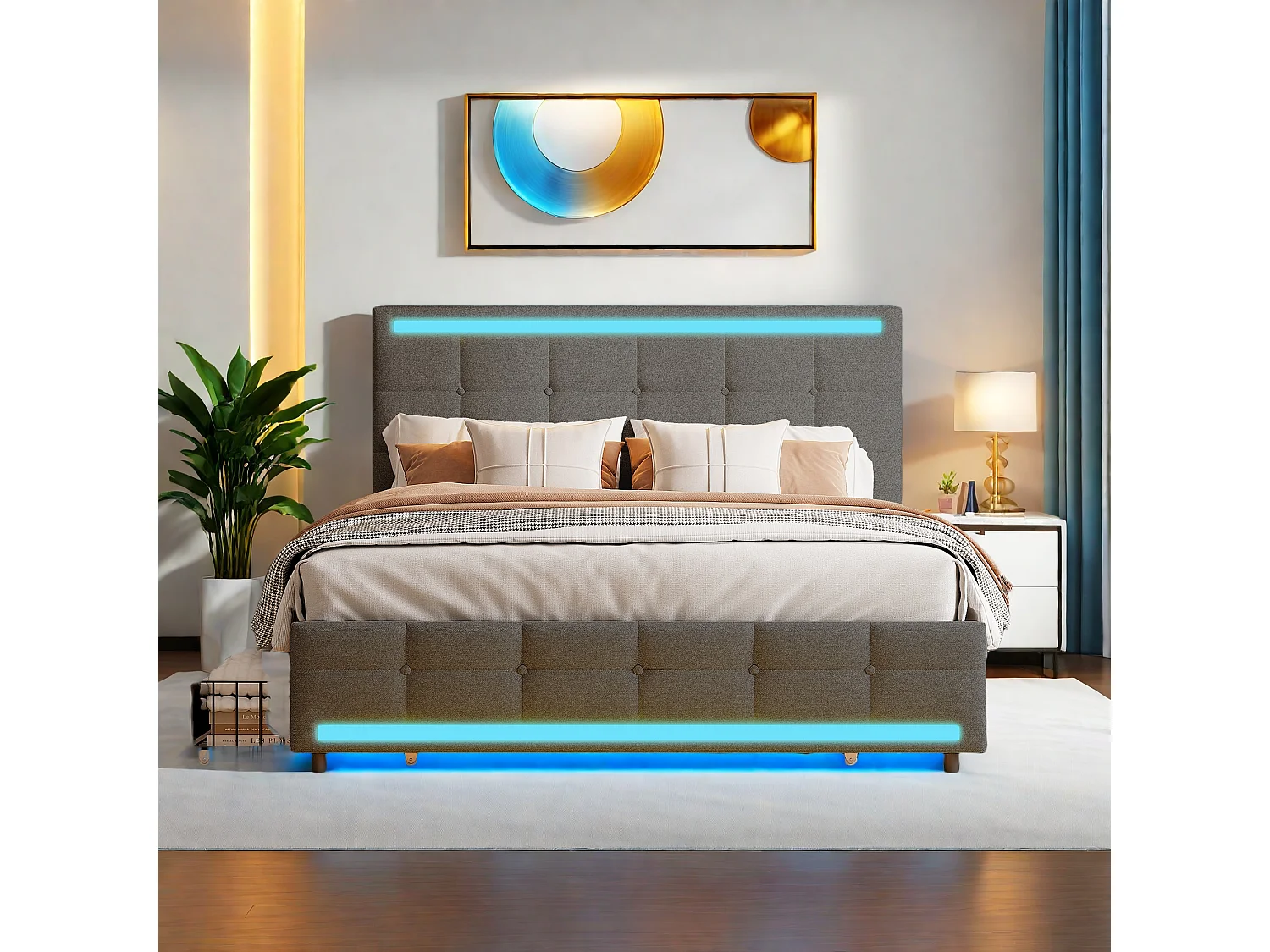 Lit double rembourré 140x200 – Structure avec LES, 2 stations de charge USB, 4 tiroirs et sommier à lattes, tête de lit réglable, tissu de lin, gris