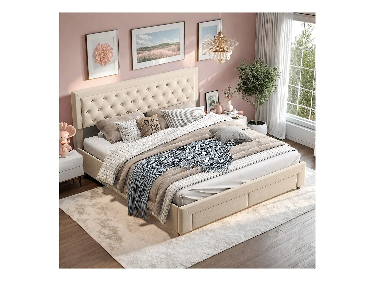 Lit coffre beige 160 x 200 cm, en velours, avec tête de lit rembourrée réglable en hauteur, lit coffre avec tiroirs et lattes en bois