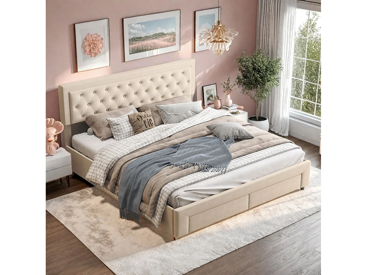 Beige opbergbed 160 x 200 cm, in fluweel, met in hoogte verstelbaar, gecapitonneerd hoofdeinde, opbergbed met lades en houten lattenbodem