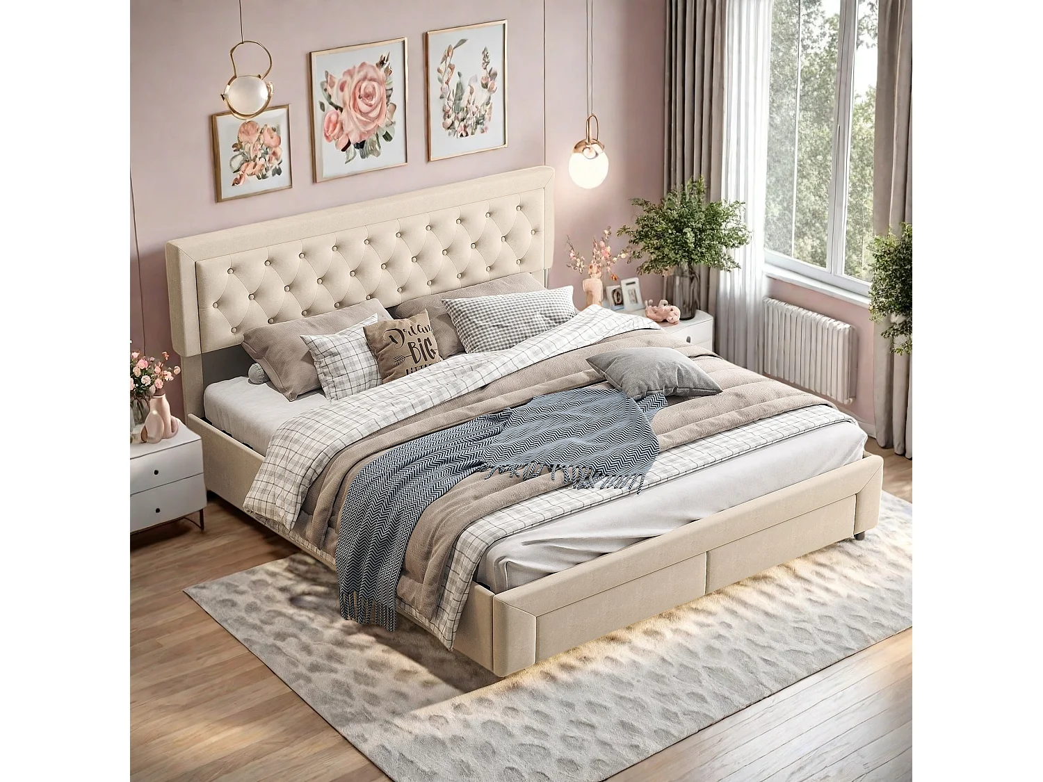 Beige opbergbed 160 x 200 cm, in fluweel, met in hoogte verstelbaar, gecapitonneerd hoofdeinde, opbergbed met lades en houten lattenbodem