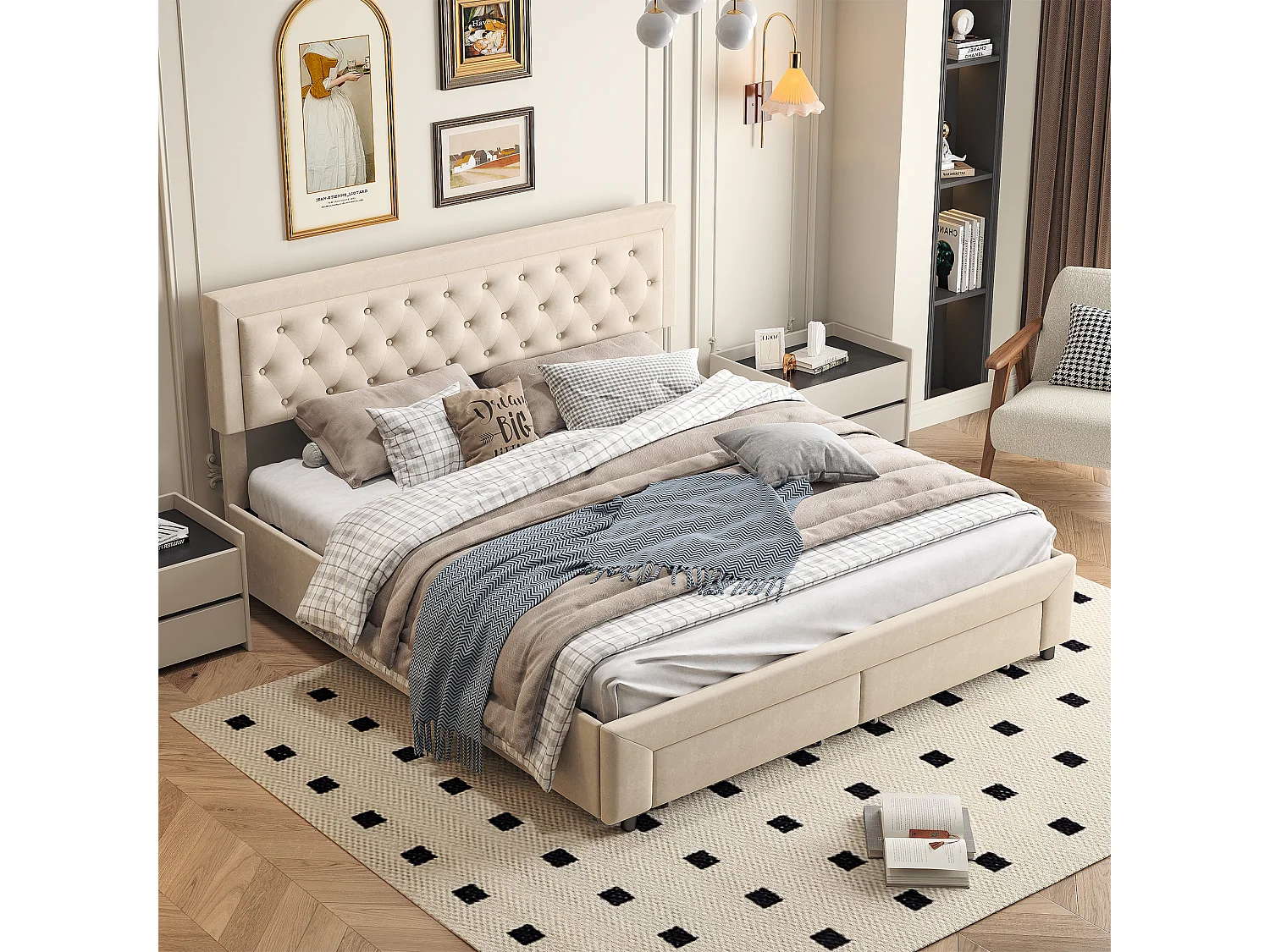 Beige opbergbed 160 x 200 cm, in fluweel, met in hoogte verstelbaar, gecapitonneerd hoofdeinde, opbergbed met lades en houten lattenbodem
