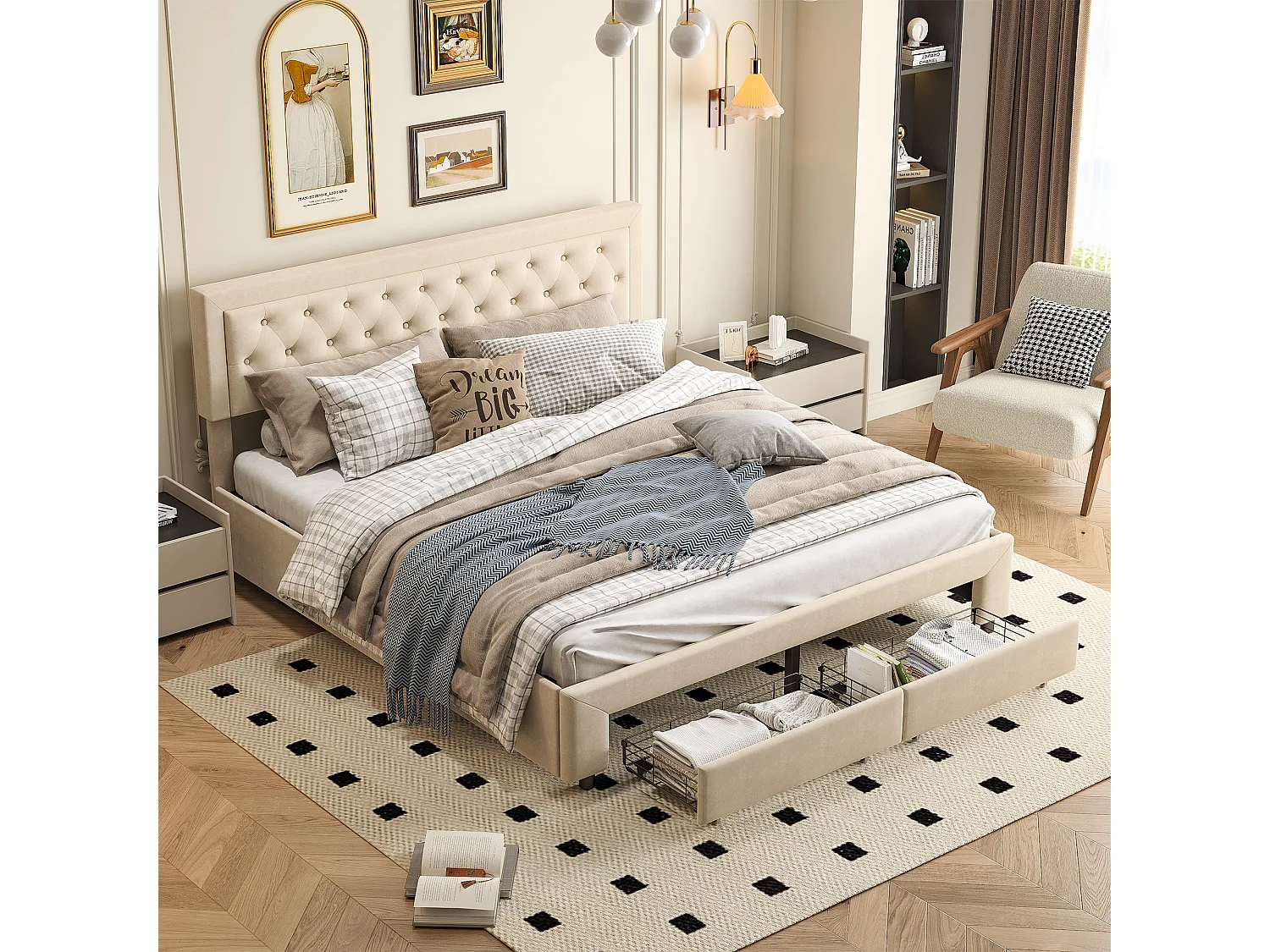 Beige opbergbed 160 x 200 cm, in fluweel, met in hoogte verstelbaar, gecapitonneerd hoofdeinde, opbergbed met lades en houten lattenbodem
