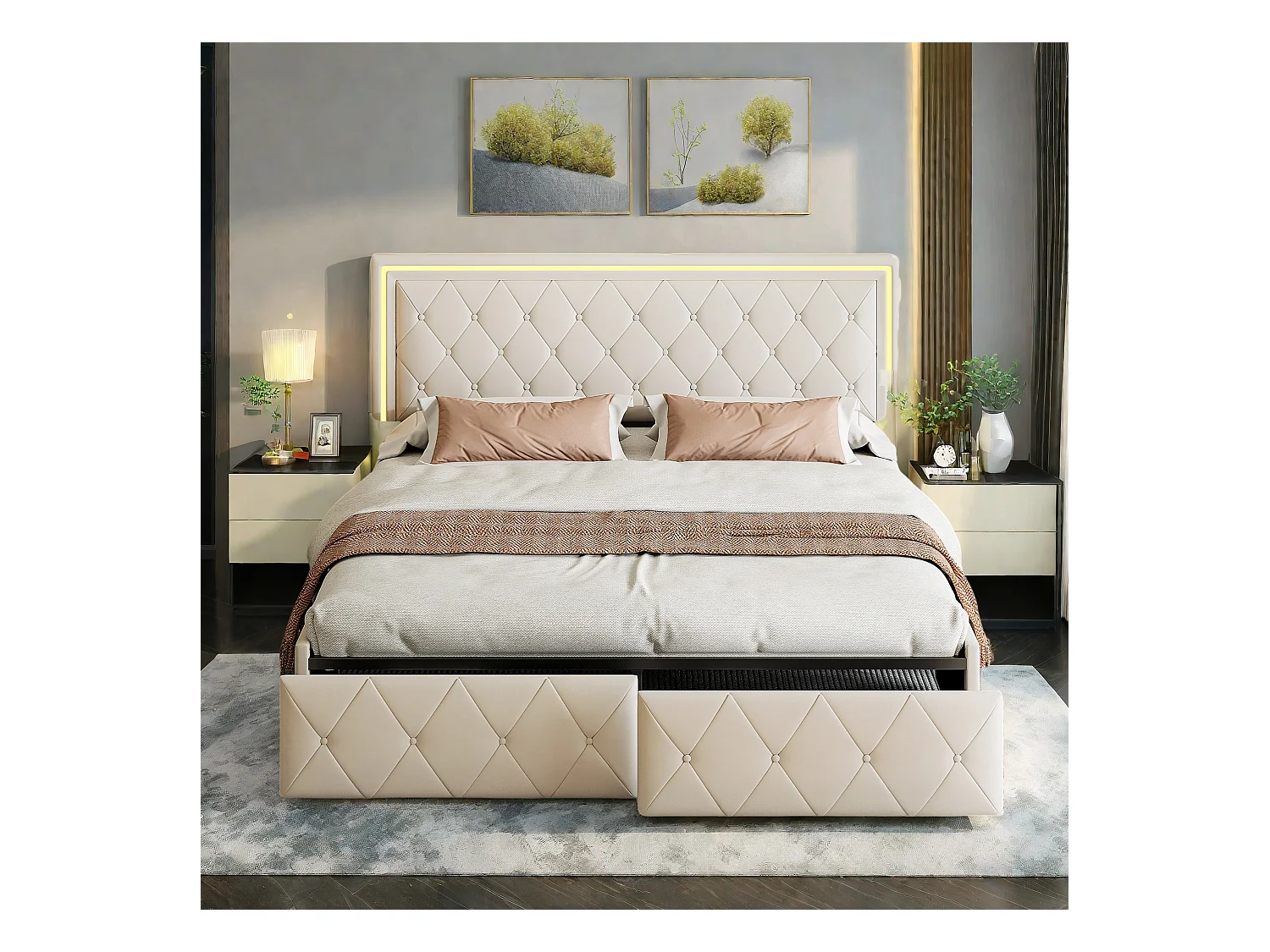 Lit double rembourré 140x200 cm blanc cassé, avec LED, tête de lit réglable, 4 tiroirs et coffre de rangement, sommier à lattes inclus