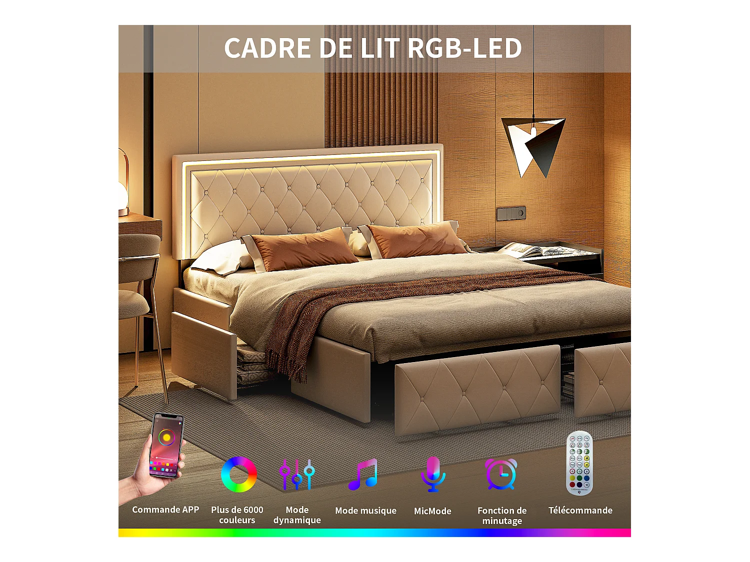 Lit double rembourré 140x200 cm blanc cassé, avec LED, tête de lit réglable, 4 tiroirs et coffre de rangement, sommier à lattes inclus