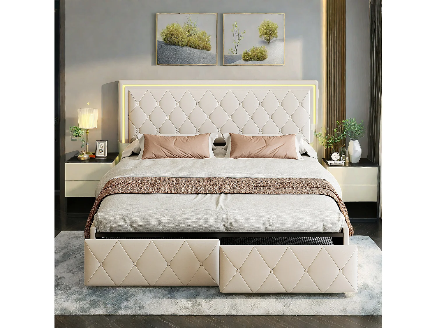 Lit double rembourré 140x200 cm blanc cassé, avec LED, tête de lit réglable, 4 tiroirs et coffre de rangement, sommier à lattes inclus