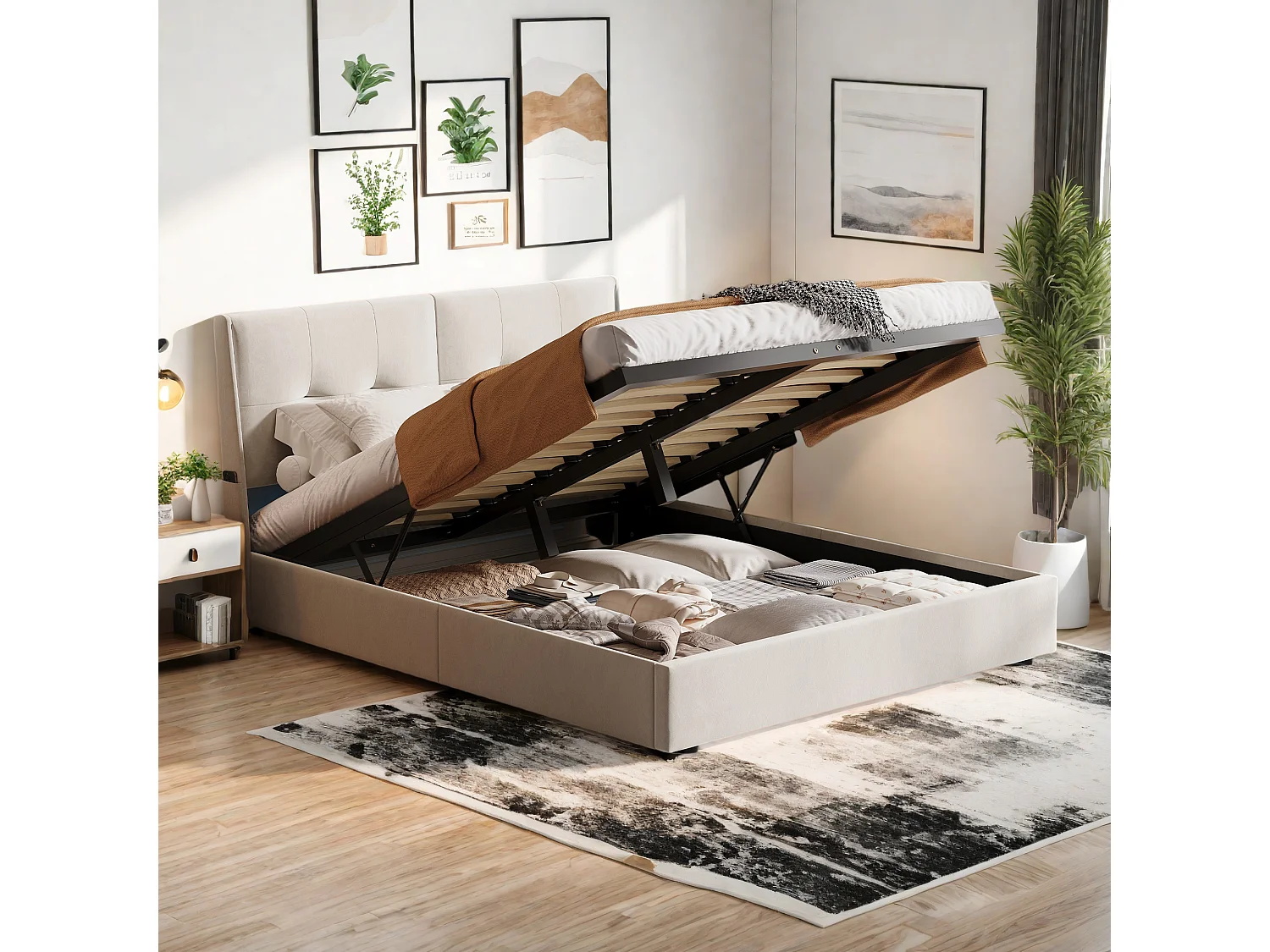 Modern tweepersoonsbed 140 x 200 cm met gestoffeerd hoofdbord, geïntegreerde ledverlichting, opbergruimte onder de bedbodem, minimalistisch design, beige