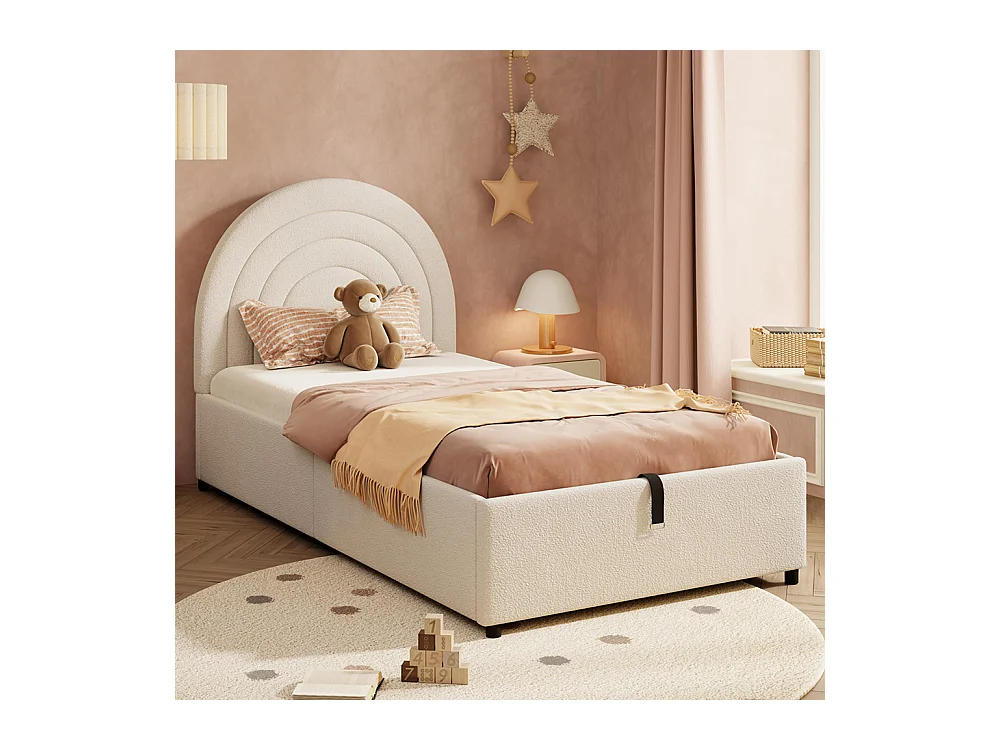 Lit coffre rembourré beige 90x200 cm pour enfant adolescent avec sommier à lattes tête de lit rangement bouclé montage facile
