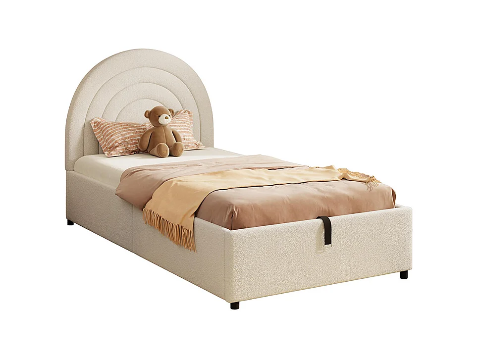 Lit coffre rembourré beige 90x200 cm pour enfant adolescent avec sommier à lattes tête de lit rangement bouclé montage facile