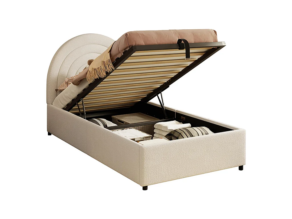 Lit coffre rembourré beige 90x200 cm pour enfant adolescent avec sommier à lattes tête de lit rangement bouclé montage facile