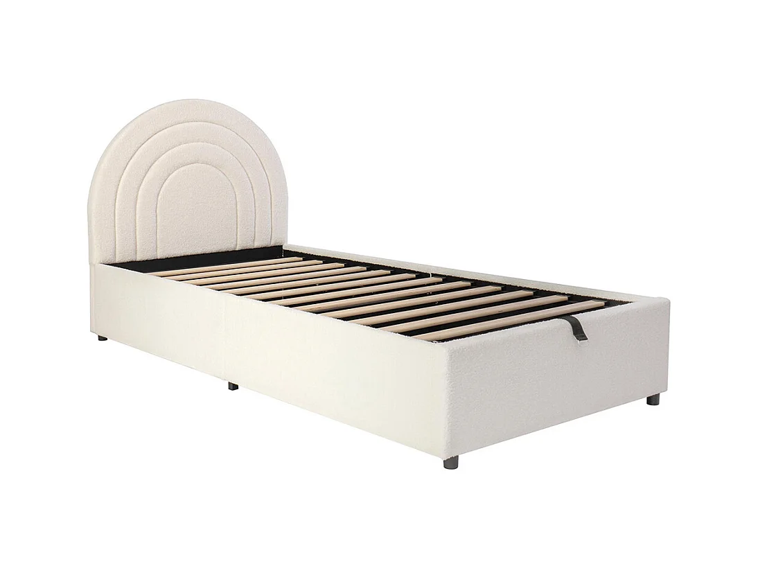 Lit coffre rembourré beige 90x200 cm pour enfant adolescent avec sommier à lattes tête de lit rangement bouclé montage facile