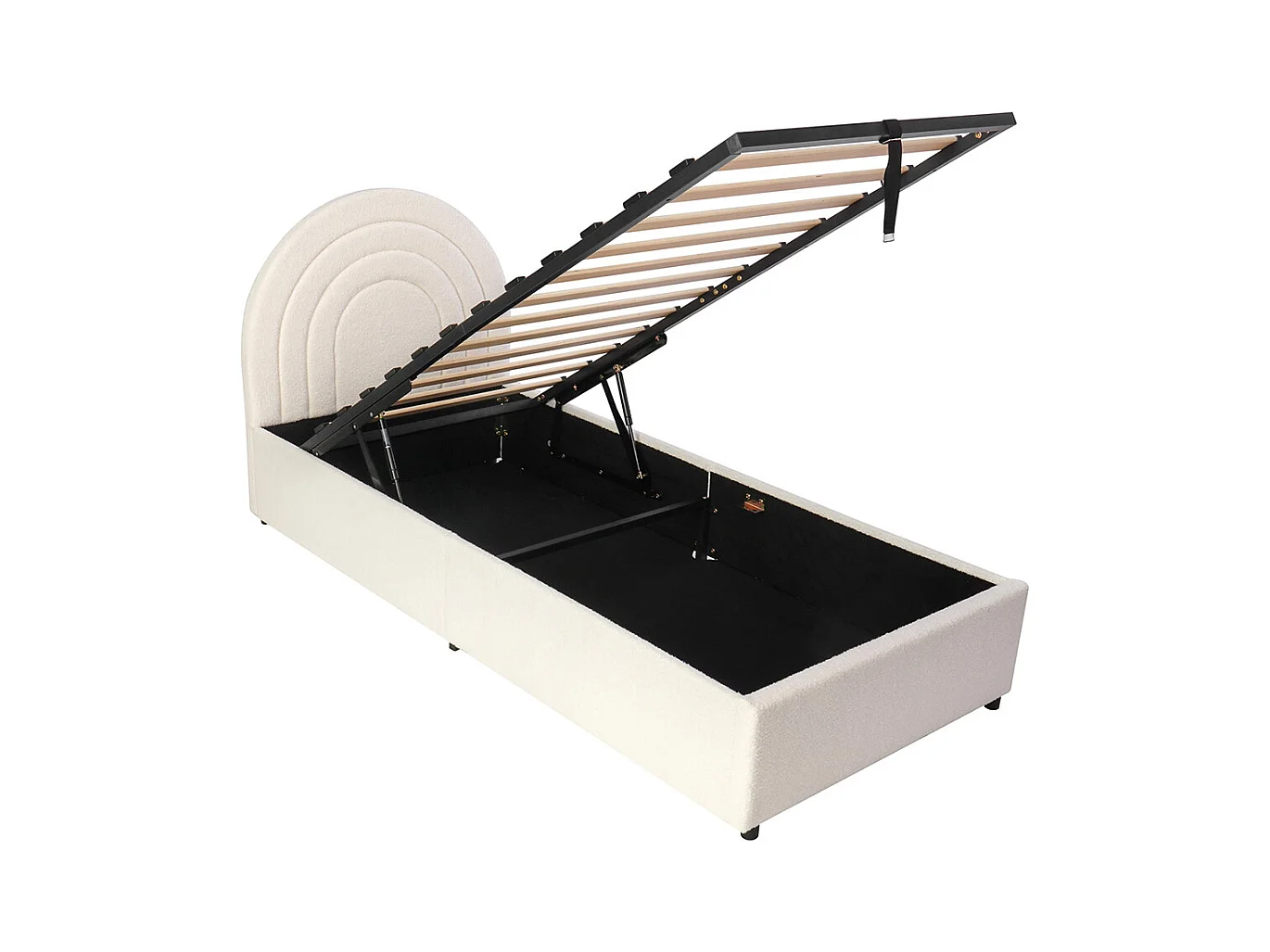 Lit coffre rembourré beige 90x200 cm pour enfant adolescent avec sommier à lattes tête de lit rangement bouclé montage facile