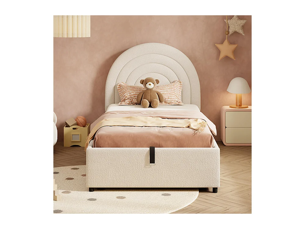 Lit coffre rembourré beige 90x200 cm pour enfant adolescent avec sommier à lattes tête de lit rangement bouclé montage facile