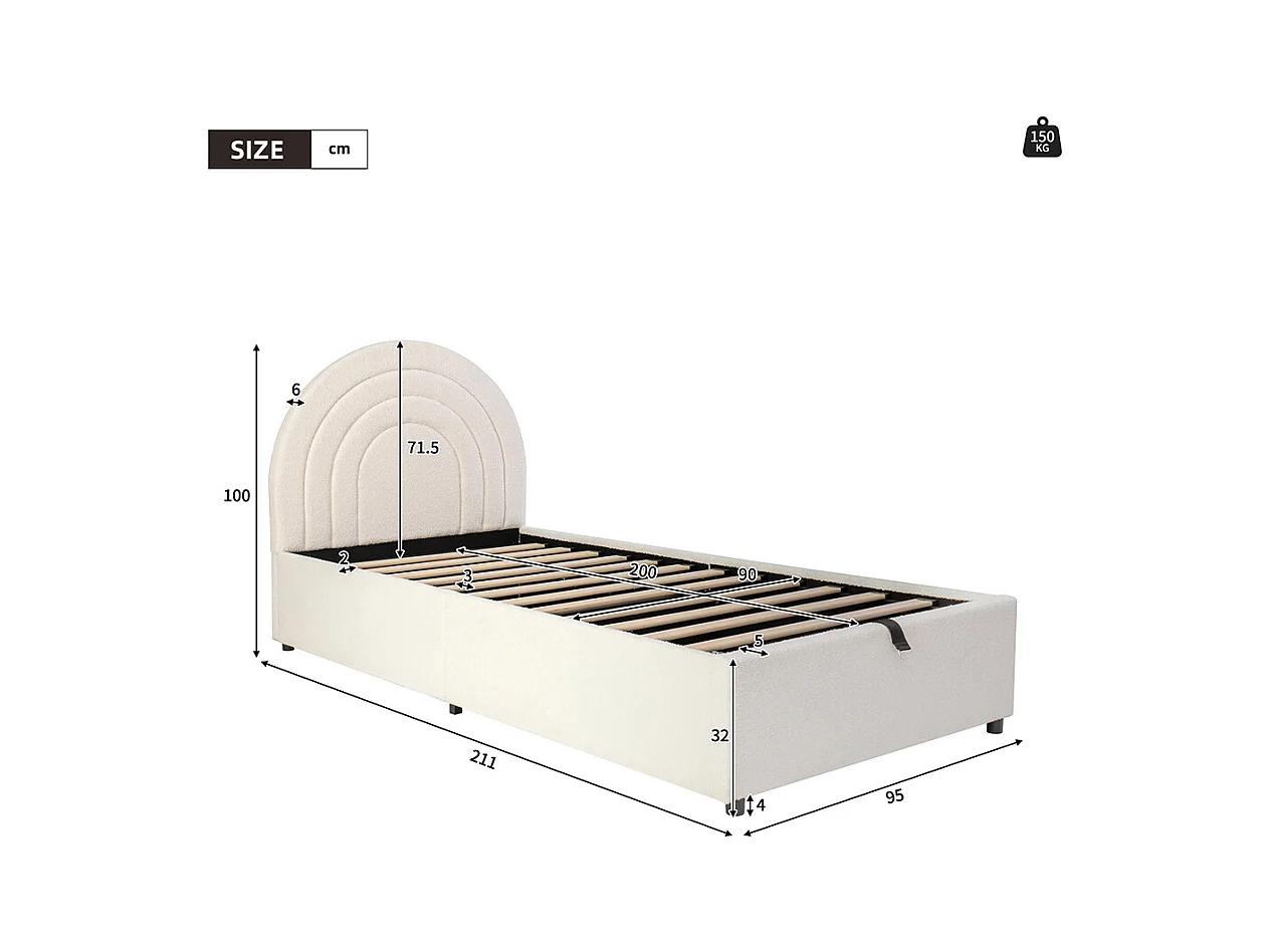 Lit coffre rembourré beige 90x200 cm pour enfant adolescent avec sommier à lattes tête de lit rangement bouclé montage facile