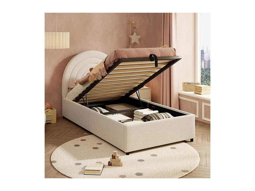 Lit coffre rembourré beige 90x200 cm pour enfant adolescent avec sommier à lattes tête de lit rangement bouclé montage facile