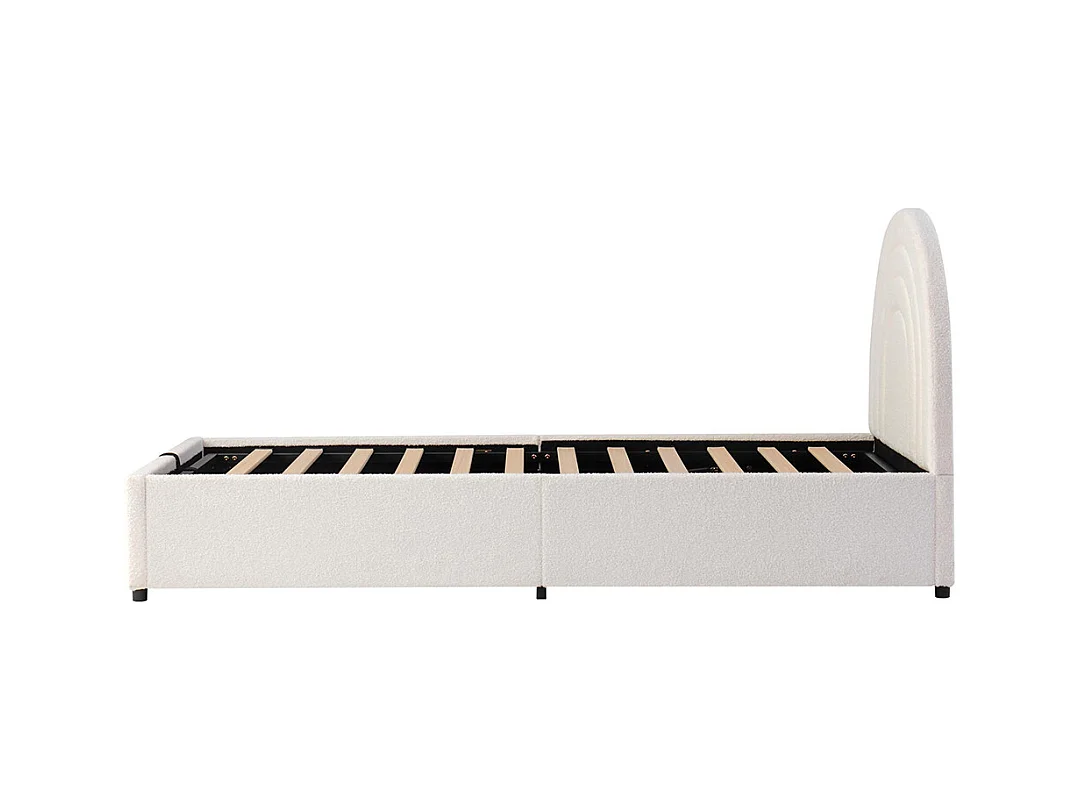 Lit coffre rembourré beige 90x200 cm pour enfant adolescent avec sommier à lattes tête de lit rangement bouclé montage facile